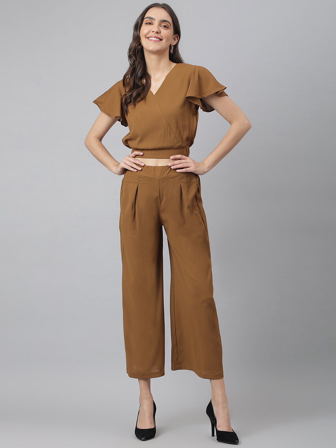 Brown V Neck Co-ordinate Set With Looser Bottom