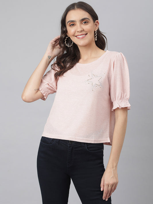Pink Round Neck Poly Blend Star Studded Knitted Top