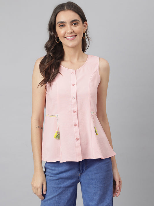 Round Neck Woven Front Buttoned Cut Sleeve Top