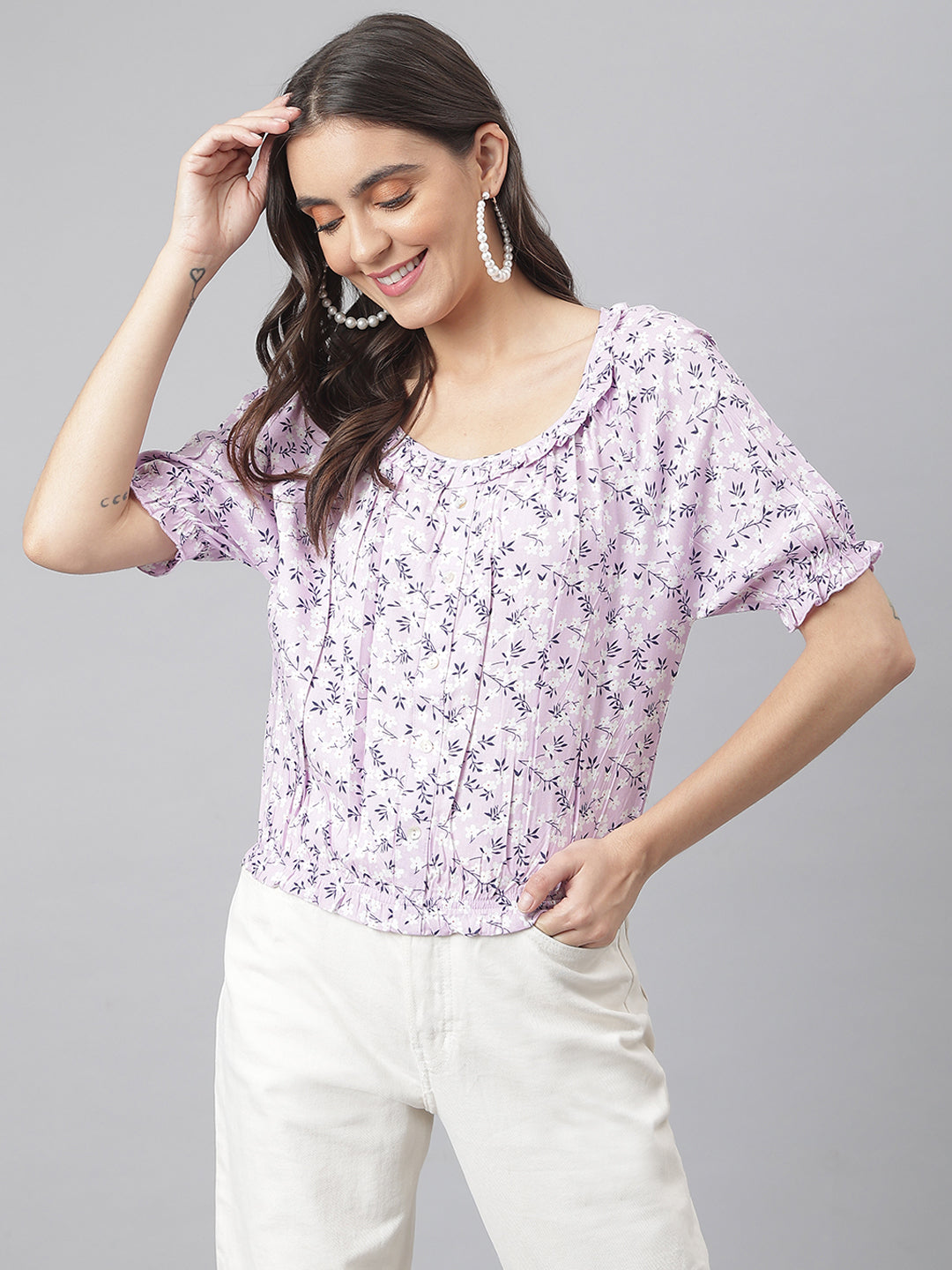 Lavander Floral Top With Elasticated Waist Band In A Cool Feel Fabric