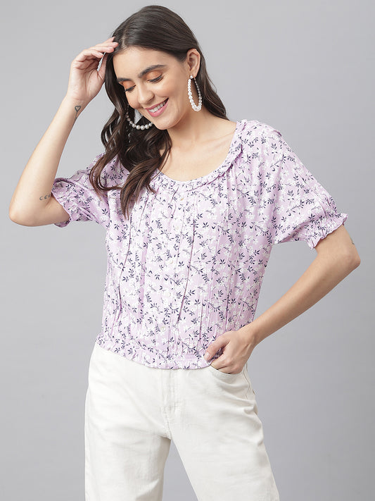 Lavander Floral Top With Elasticated Waist Band In A Cool Feel Fabric
