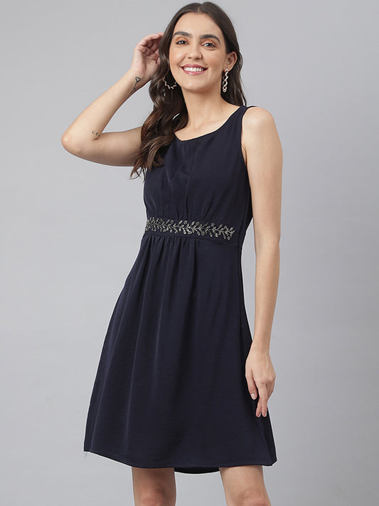 Navy Woven Formal Dress With Embroidered Waist Band & Side Zip