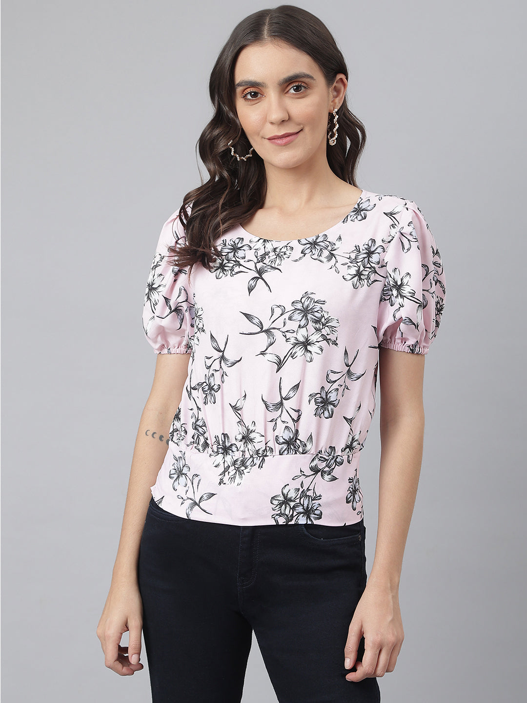 Pink Floral Top With Elasticated Waist Band At Back For Perfect Fit