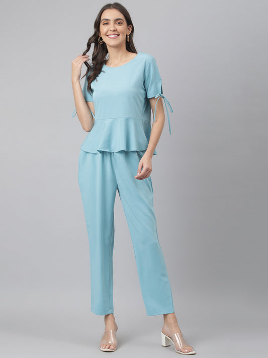 Aqua Round Neck Embroidered Peplum Co-ordinate Set