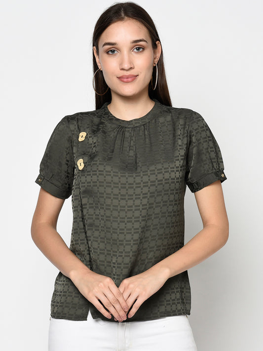 99126 Green Round Neck Woven Top