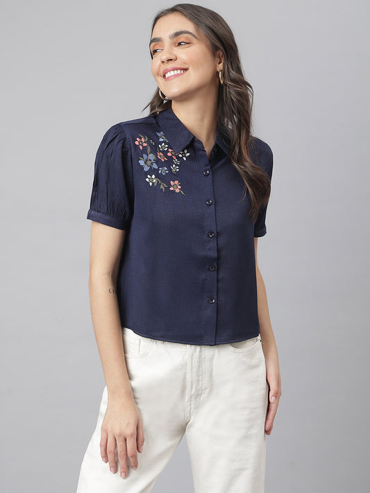 Navy Collared Embroidered Buttoned Shirt ( Top)