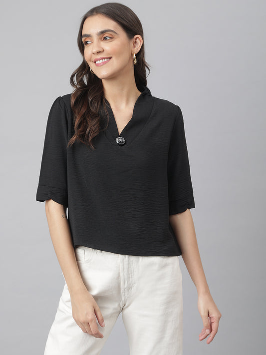 Black V Neck Poly Blend Formal Top With Elbow Sleeve