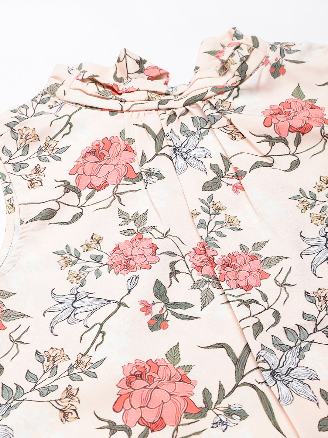 Peach Cut Sleeve Top With Collar Band Knot At Back