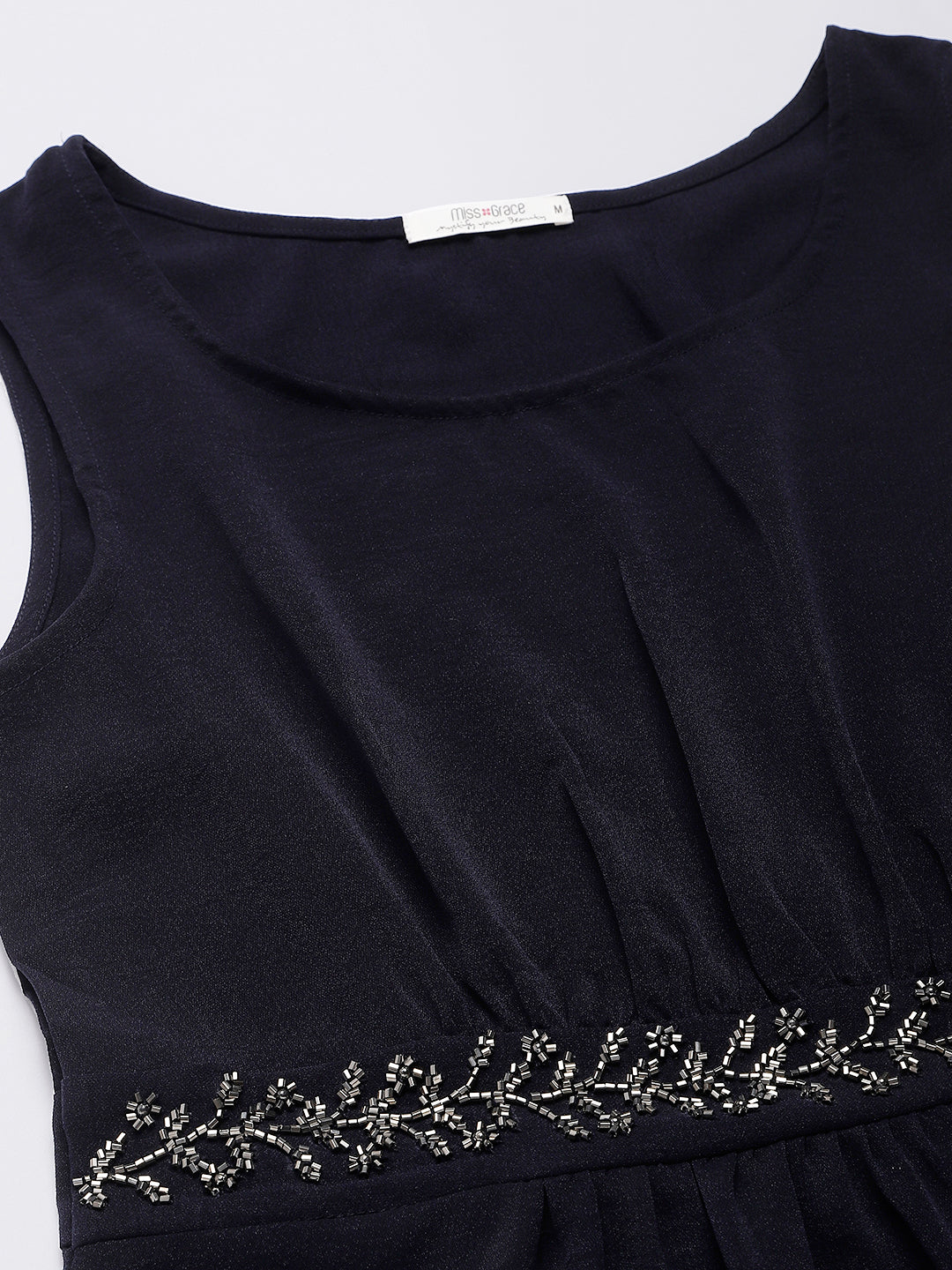 Navy Woven Formal Dress With Embroidered Waist Band & Side Zip