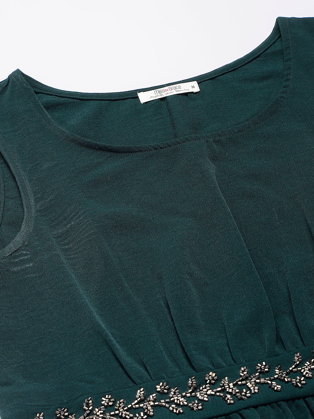 Bottle Green Woven Formal Dress With Embroidered Waist Band & Side Zip