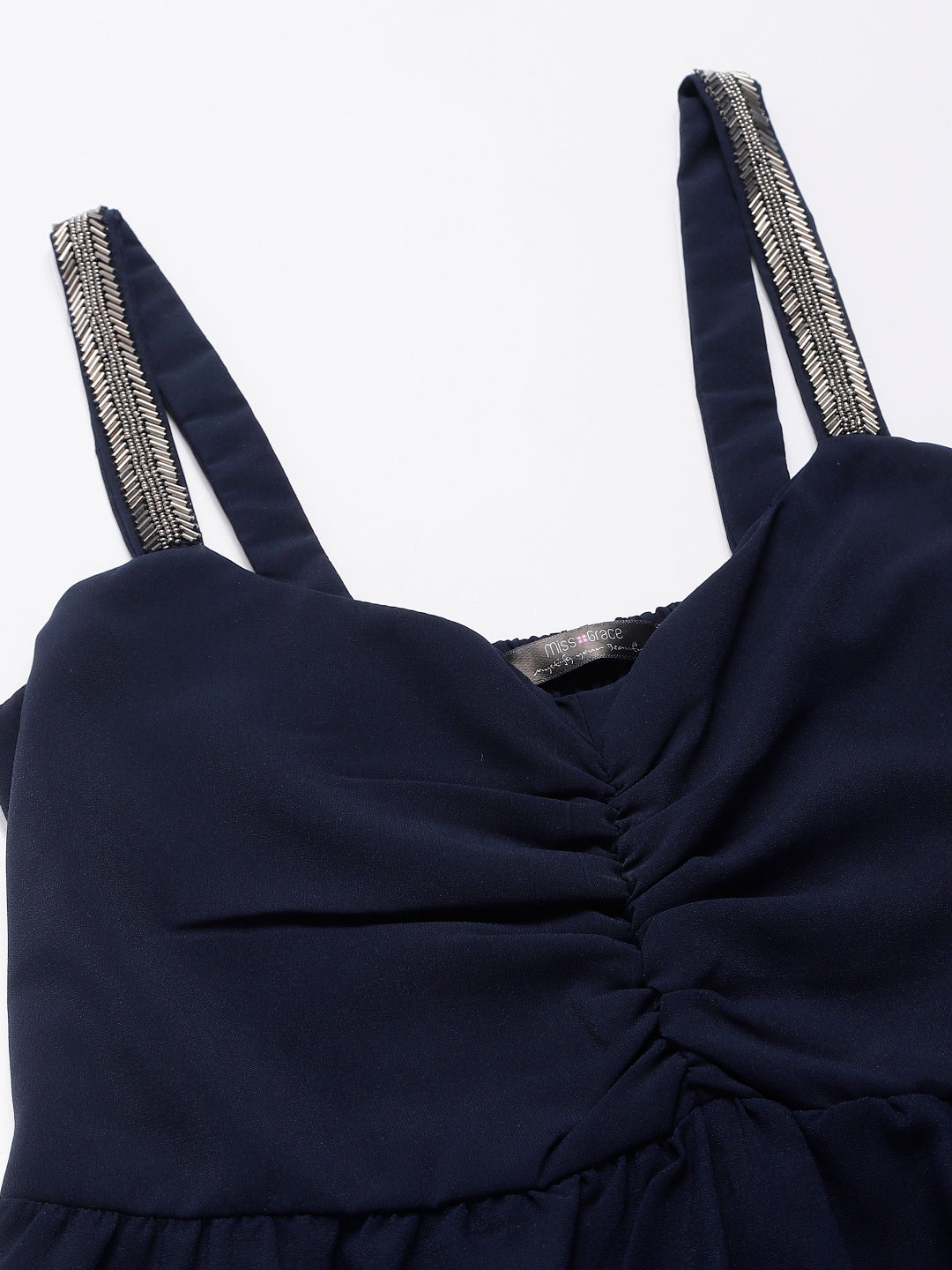 Navy Evening Wear Party Dress With Embroidered Straps