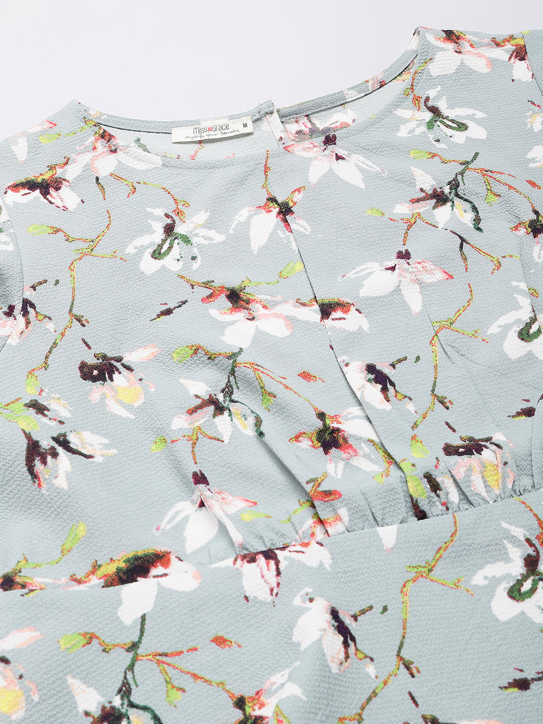 Greyish Blue Floral Printed Office Wear Top