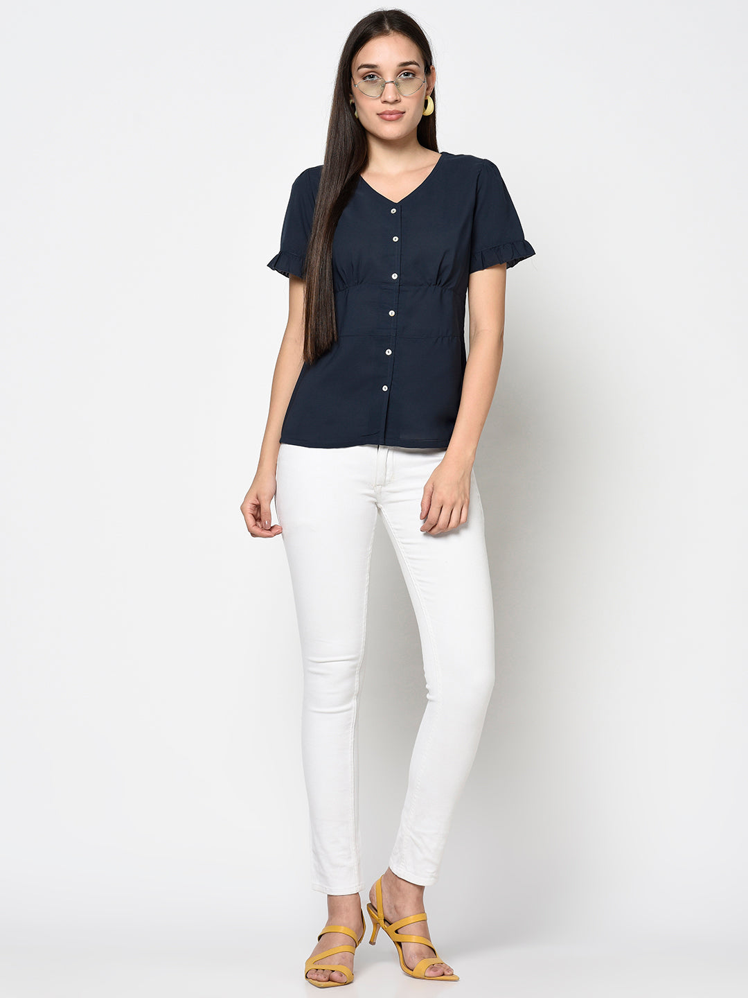 Navy Blue V Neck Buttoned Top