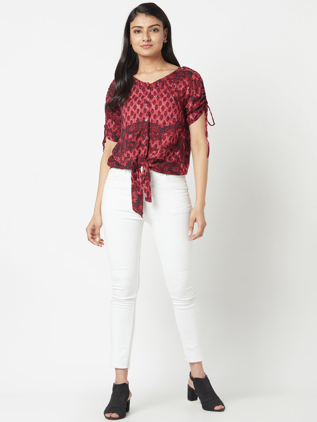 Red Round Neck Knotted Shirt