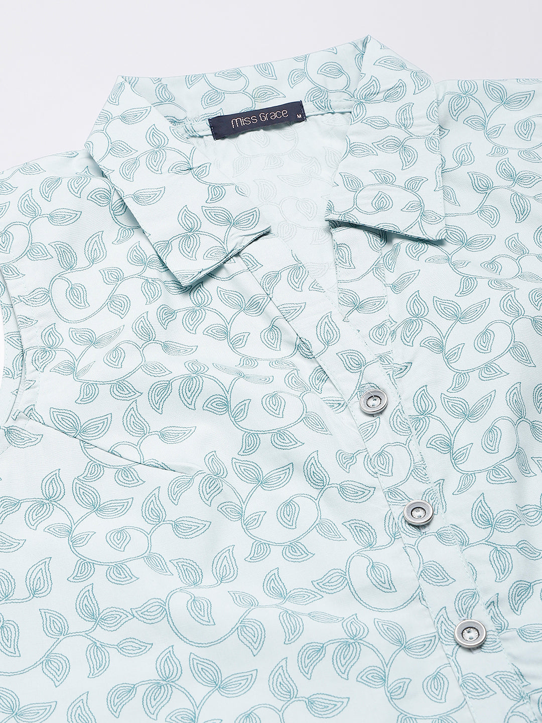 Sky Blue Leaf Printed Buttoned Shirt With Knot In Front