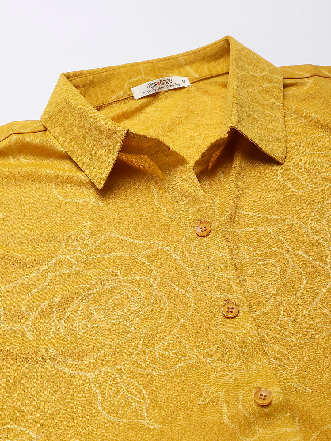 Mustard Cotton Blend Self Printed Floral Front Buttoned Knotted Shirt Top