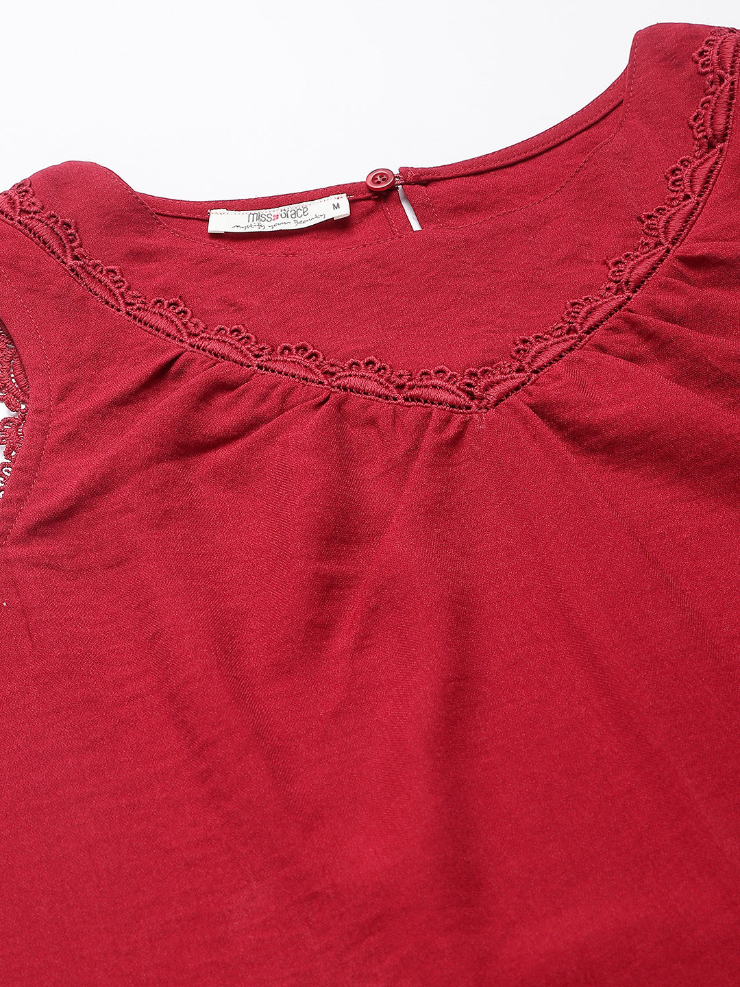 Maroon Round Neck Woven Top With Lace In Front