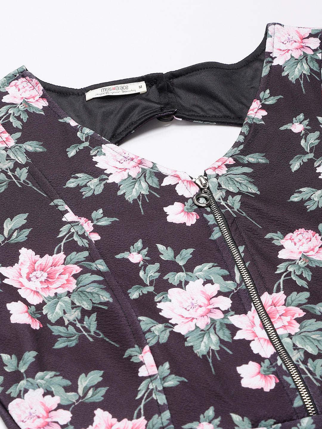 Black Poly Blend Lycra Fabric Floral Printed Dress With Organza Sleeves