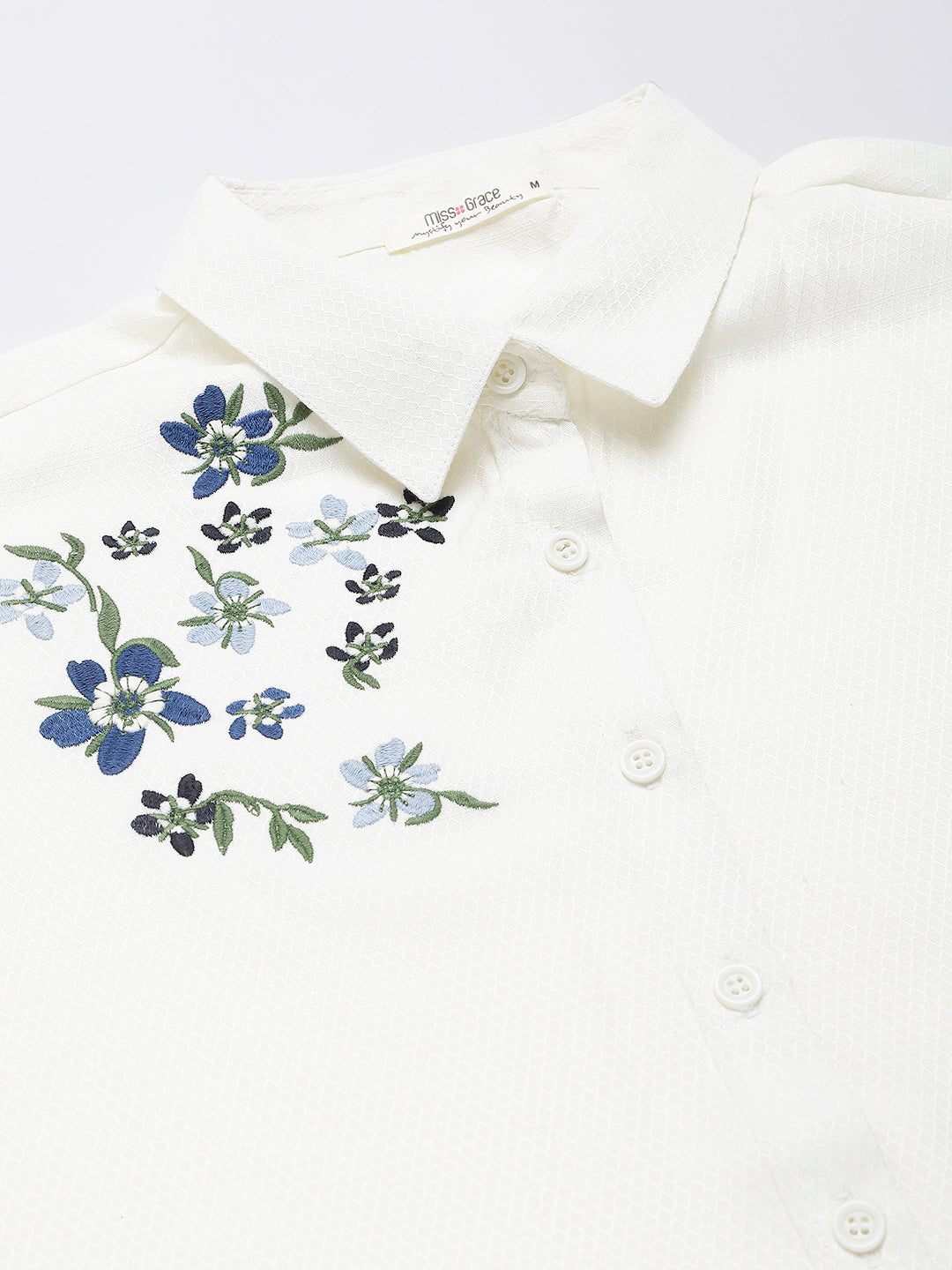 Off White Collared Embroidered Buttoned Shirt (Top)