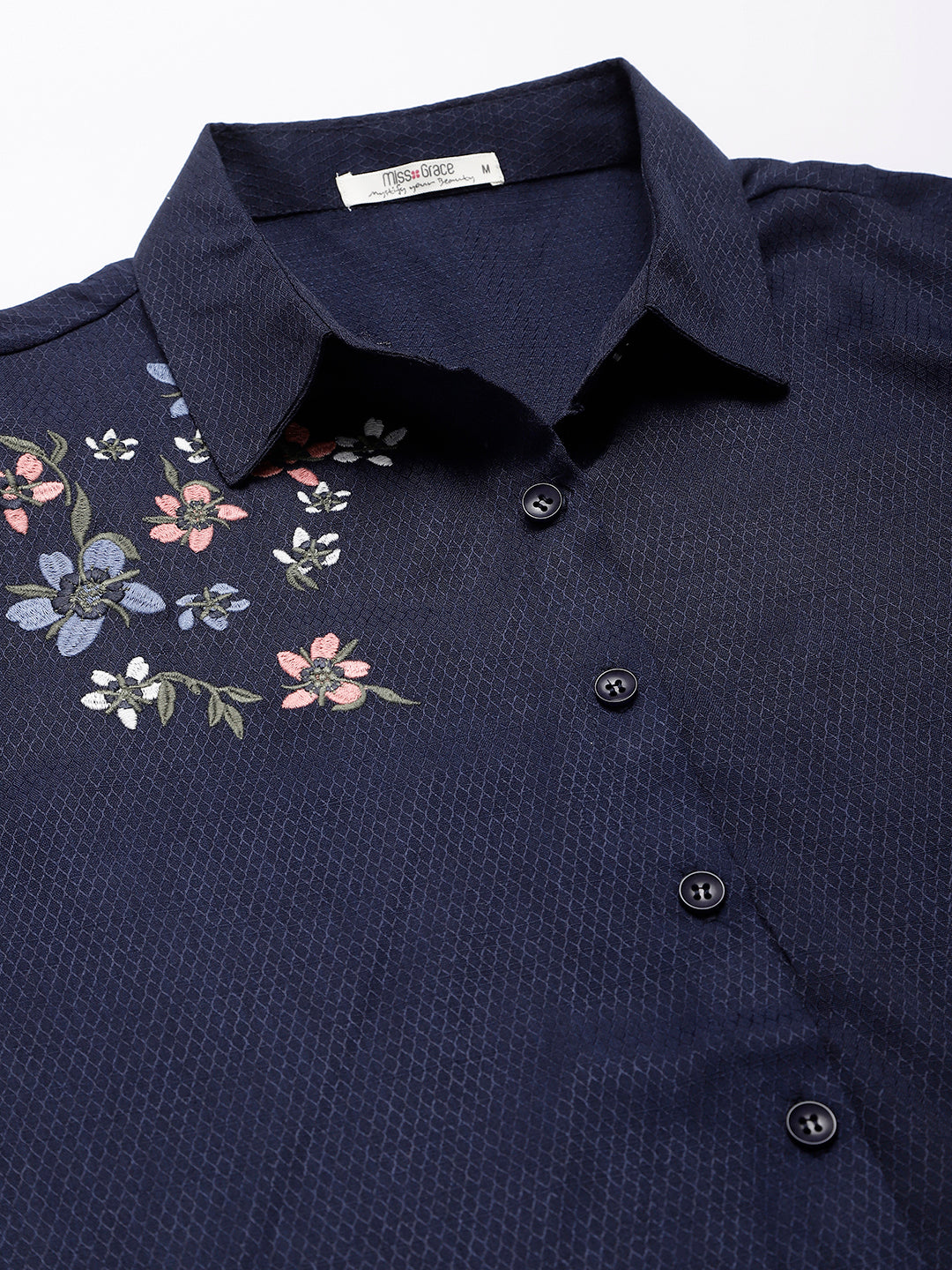 Navy Collared Embroidered Buttoned Shirt ( Top)