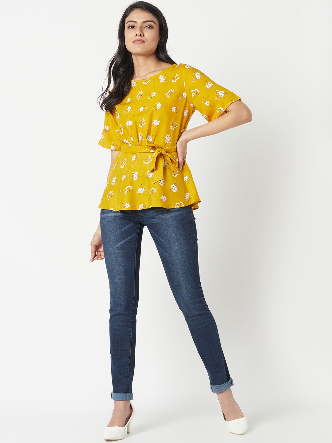 Mustard Round Neck Woven Cotton Rayon Top With Belt