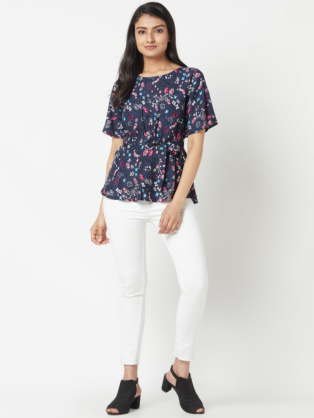 Navy Blue Round Neck Woven Cotton Rayon Top With Belt