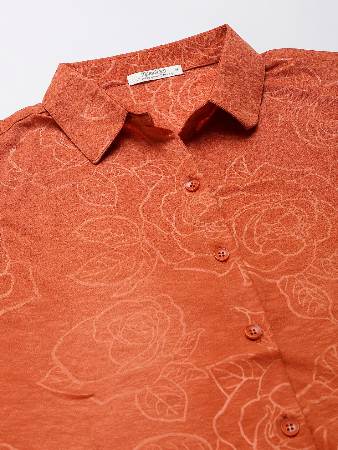 Rust Cotton Blend Self Printed Floral Front Buttoned Knotted Shirt Top