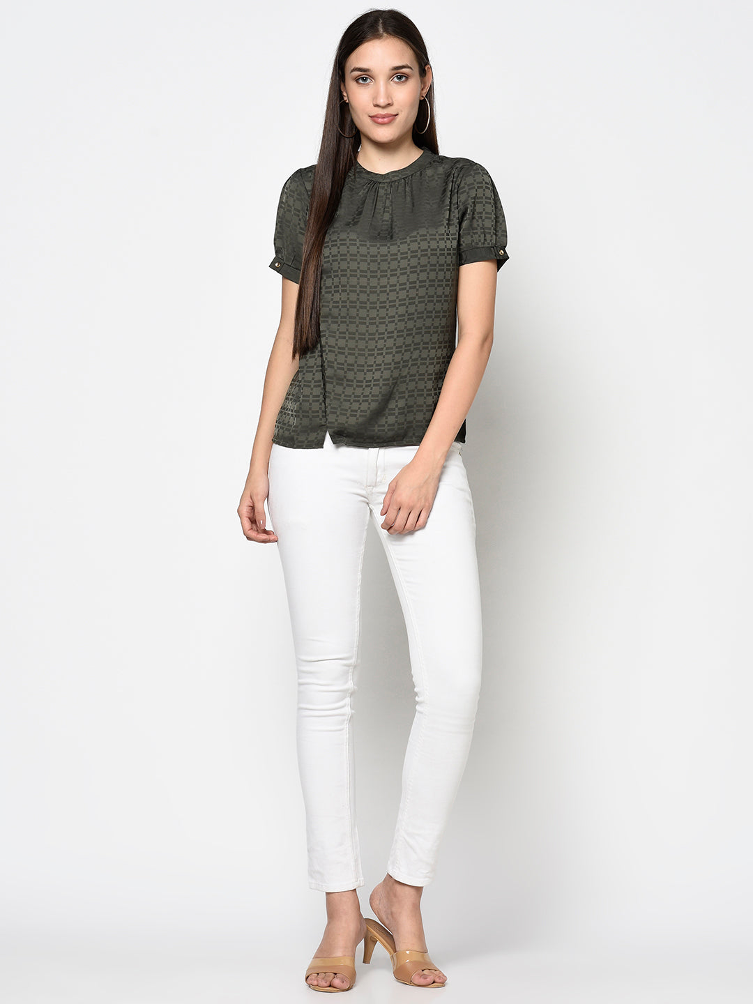 99126 Green Round Neck Woven Top
