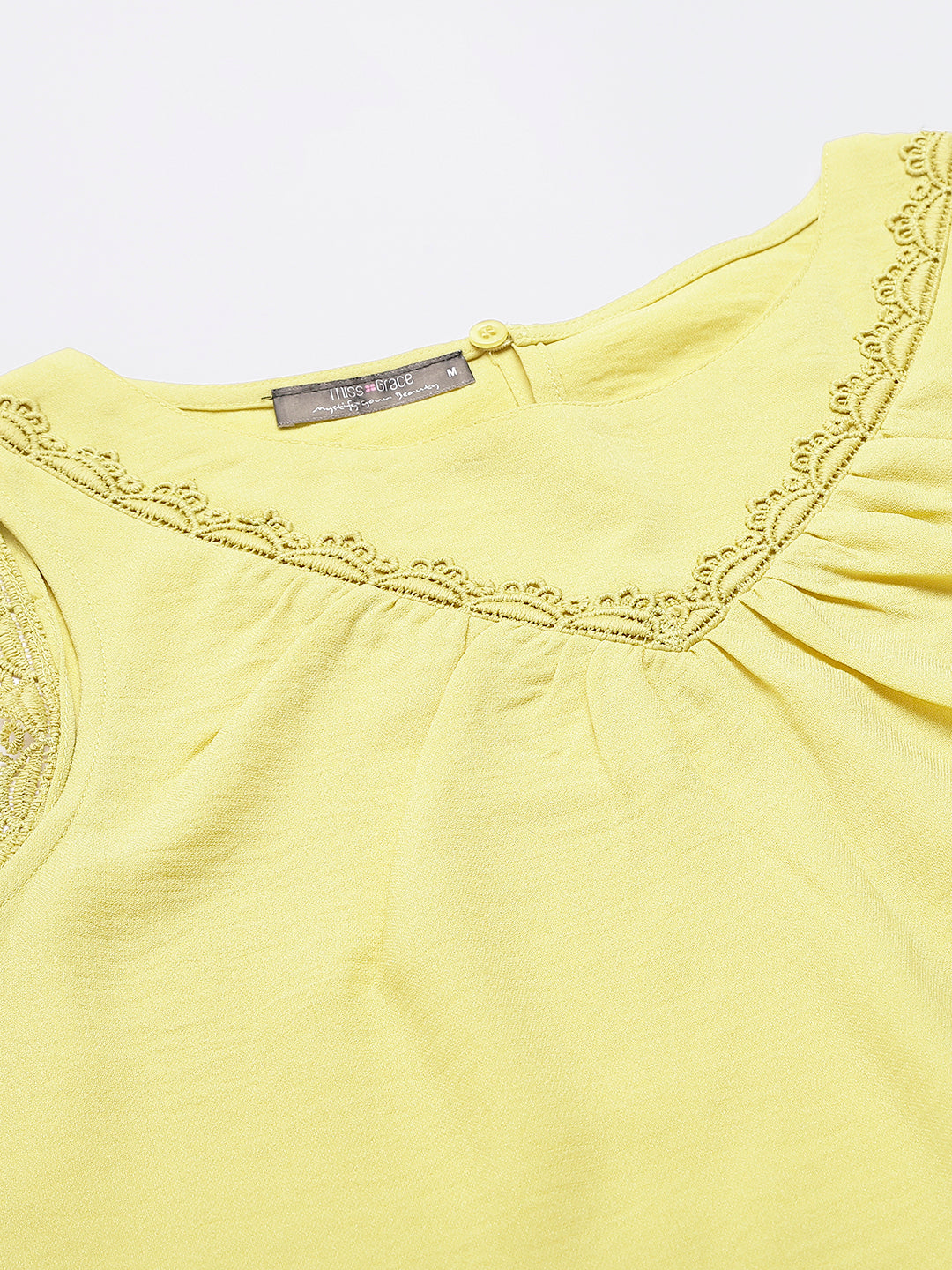 Mustard Round Neck Woven Top With Lace In Front
