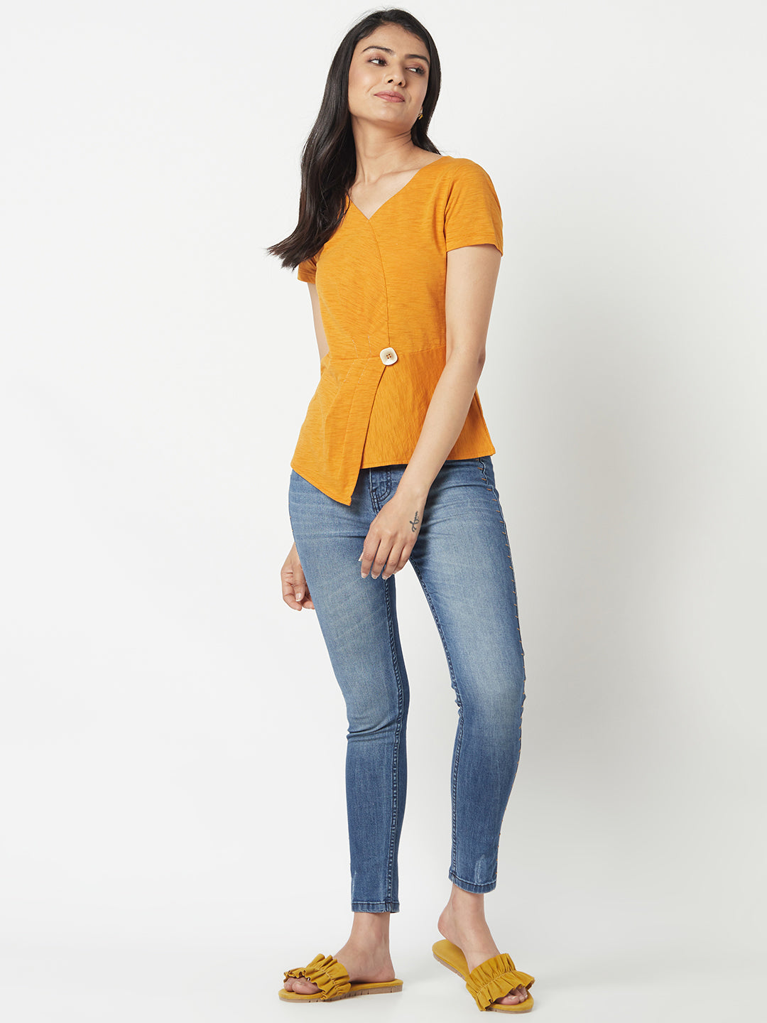 Mustard V Neck Cotton Top With Extended Side