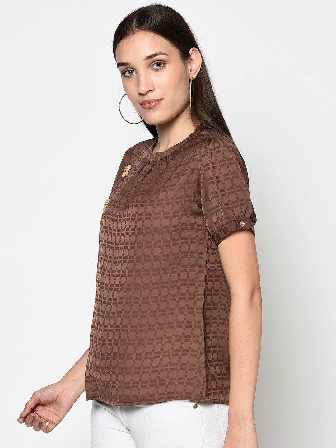 Brown Round Neck Woven Top