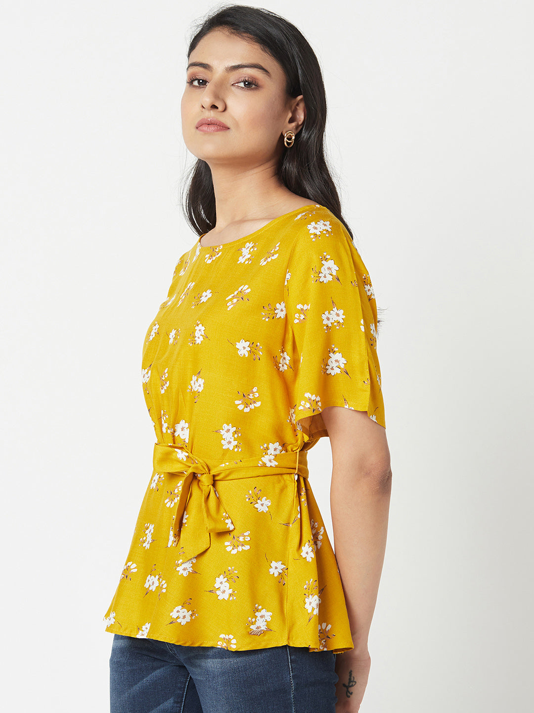 Mustard Round Neck Woven Cotton Rayon Top With Belt