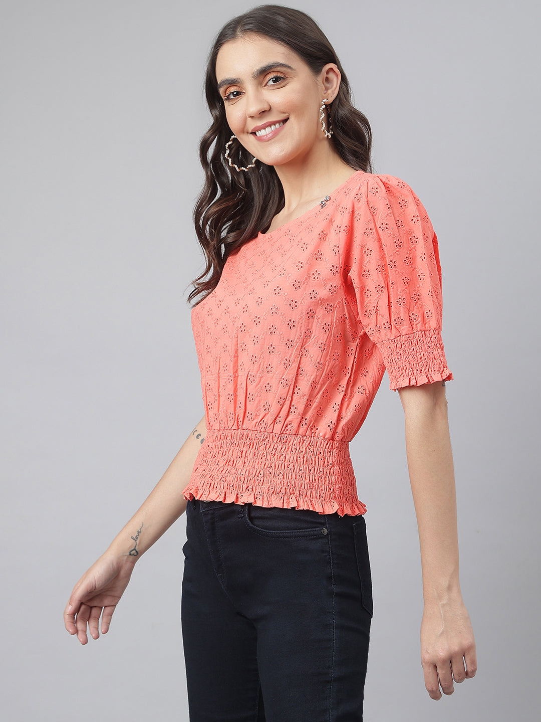 Carrot Cotton Chicken Fabric Top With Smoking Waist Band & Sleeves