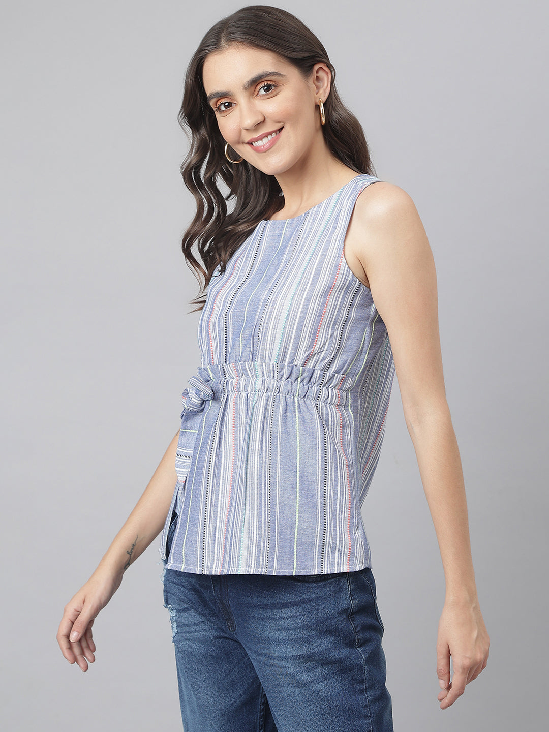 Blue Vertical Striped Cotton Top