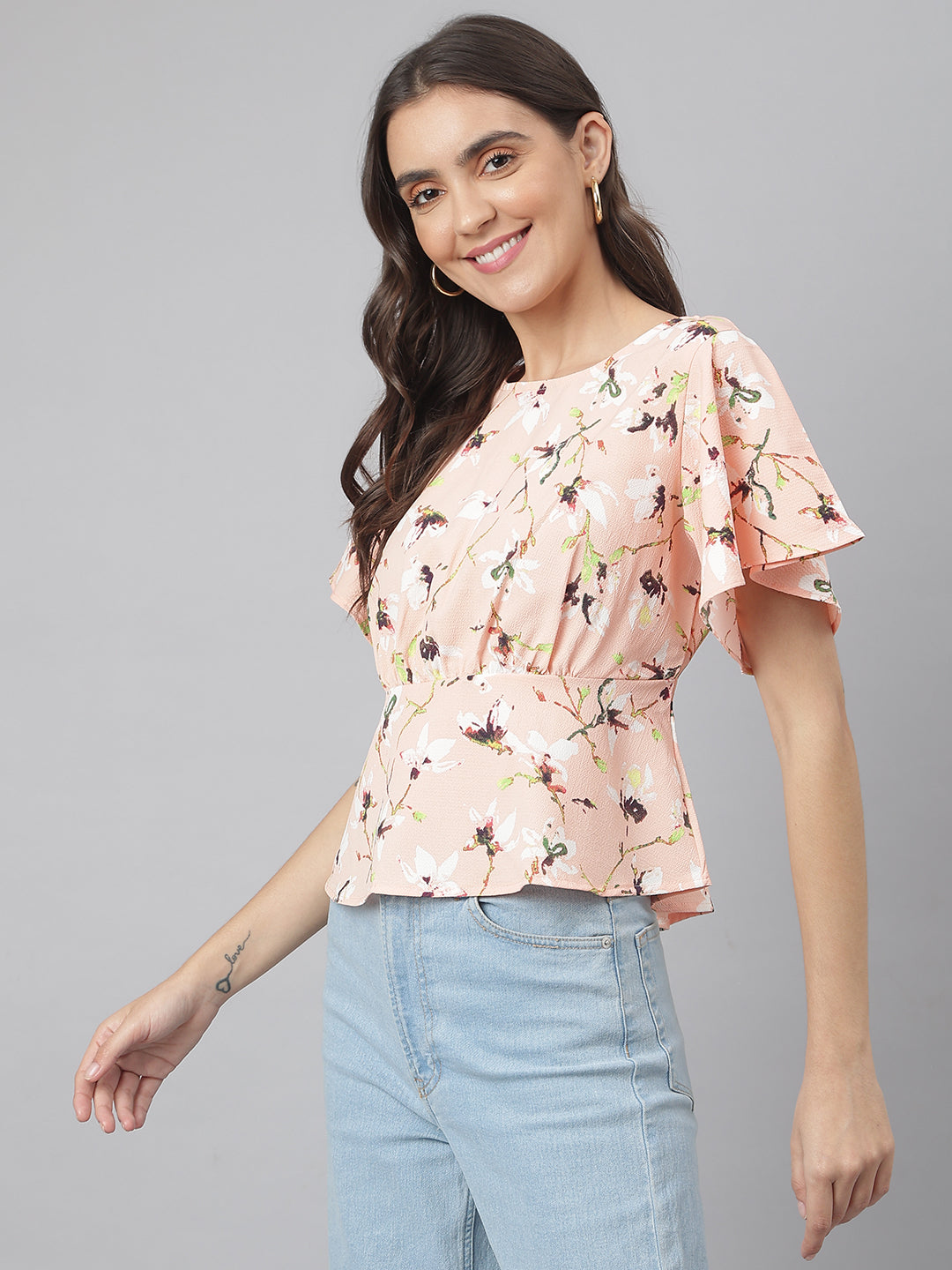 Peach Floral Printed Office Wear Top