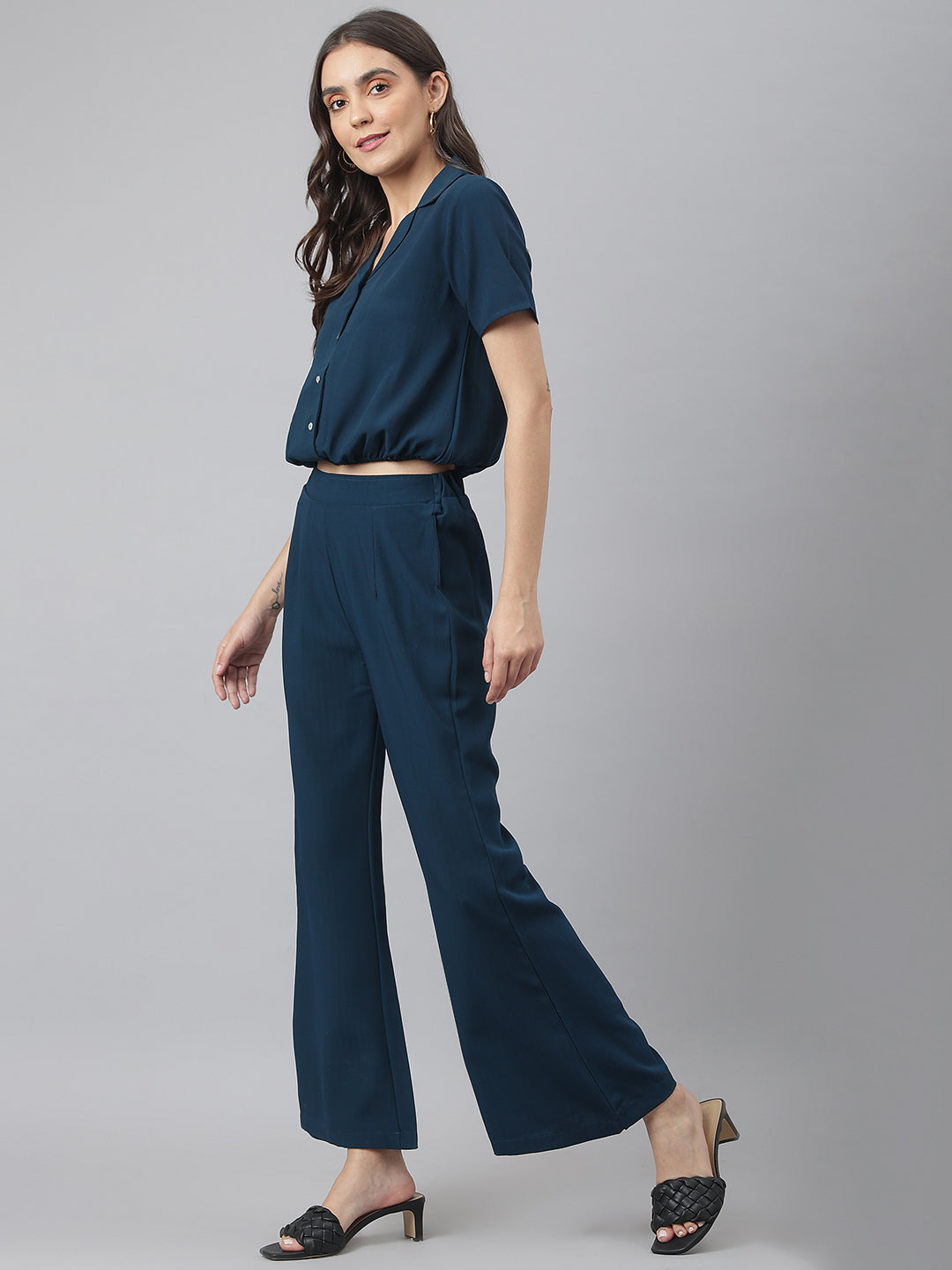 Navy V Neck Collared Co-ordinate Set With Bell Bottom