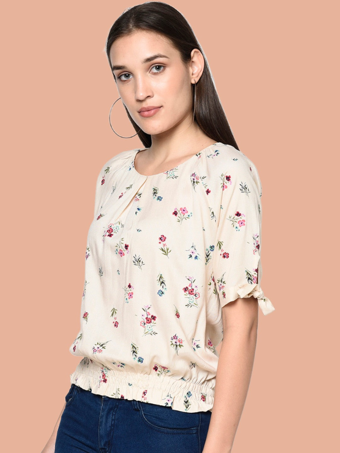 Beige Round Neck Woven Rayon Top With Elasticated Bottom