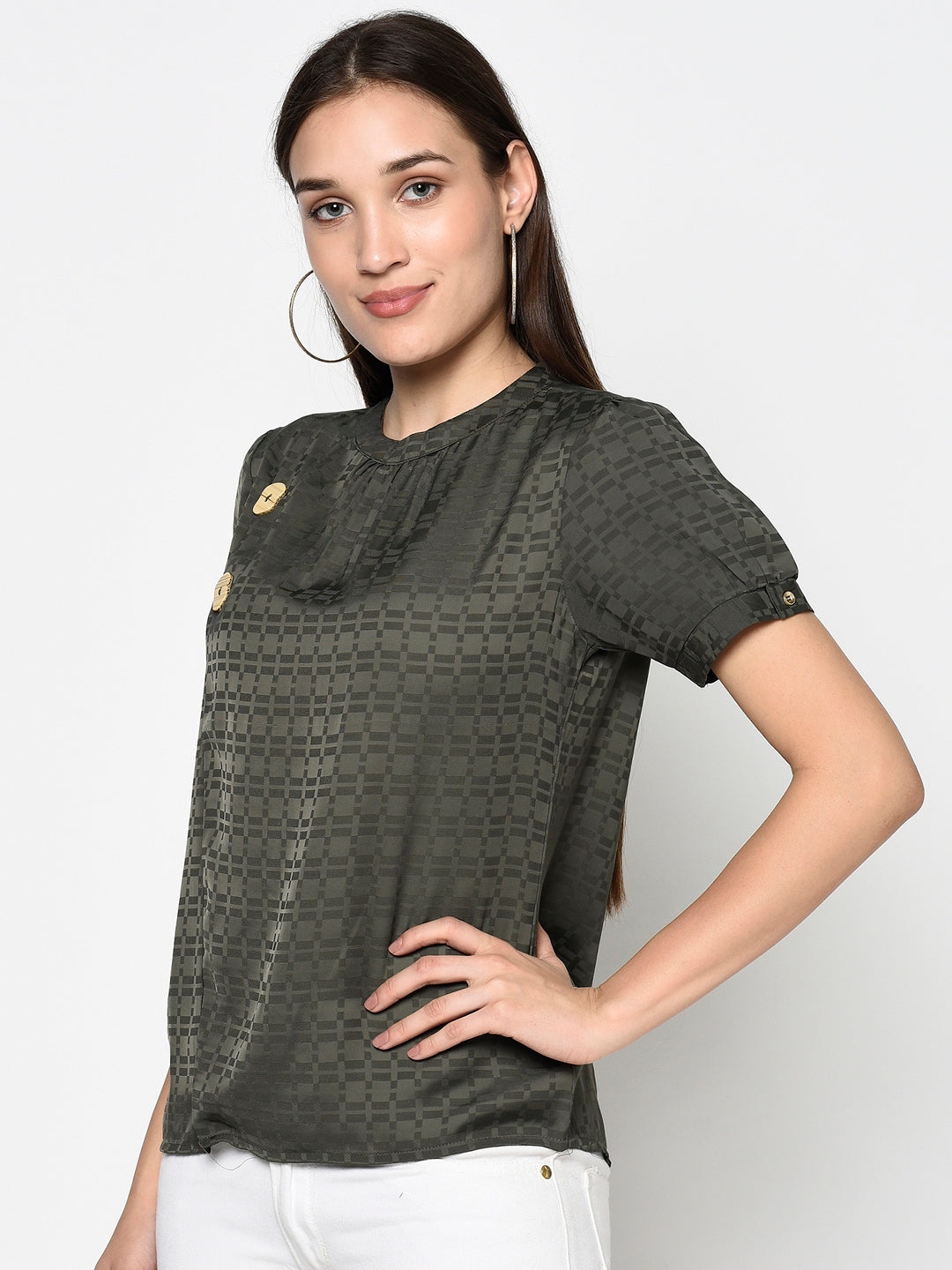 99126 Green Round Neck Woven Top
