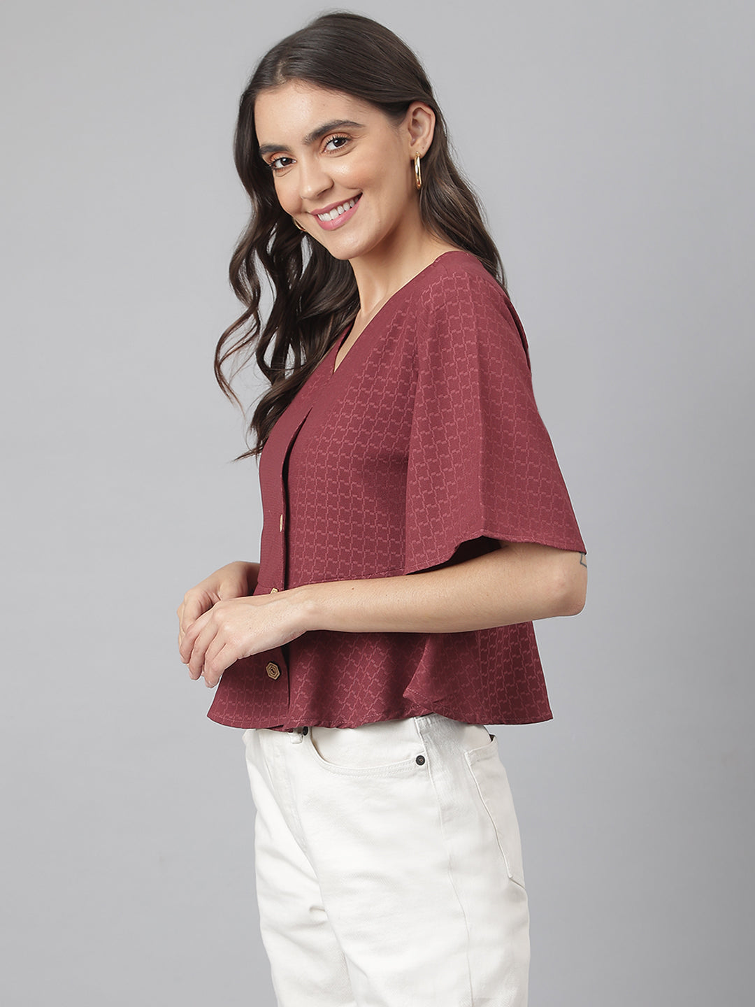 Maroon Elegant Looking Office Wear Peplum Bottomed Top
