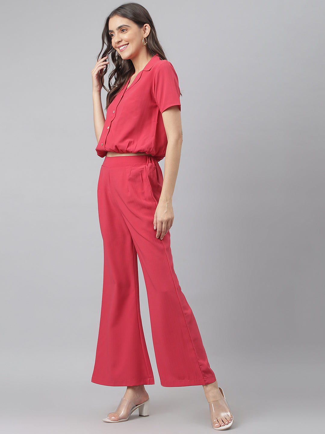 Pink V Neck Collared Co-ordinate Set With Bell Bottom