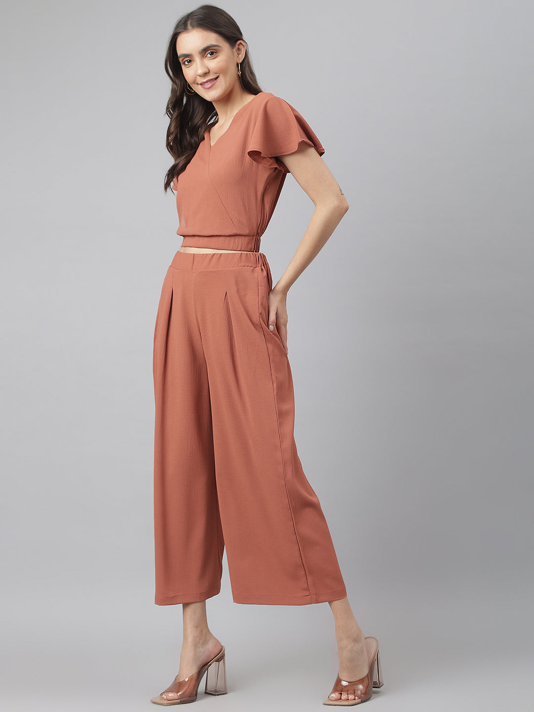 Rust V Neck Co-ordinate Set With Looser Bottom