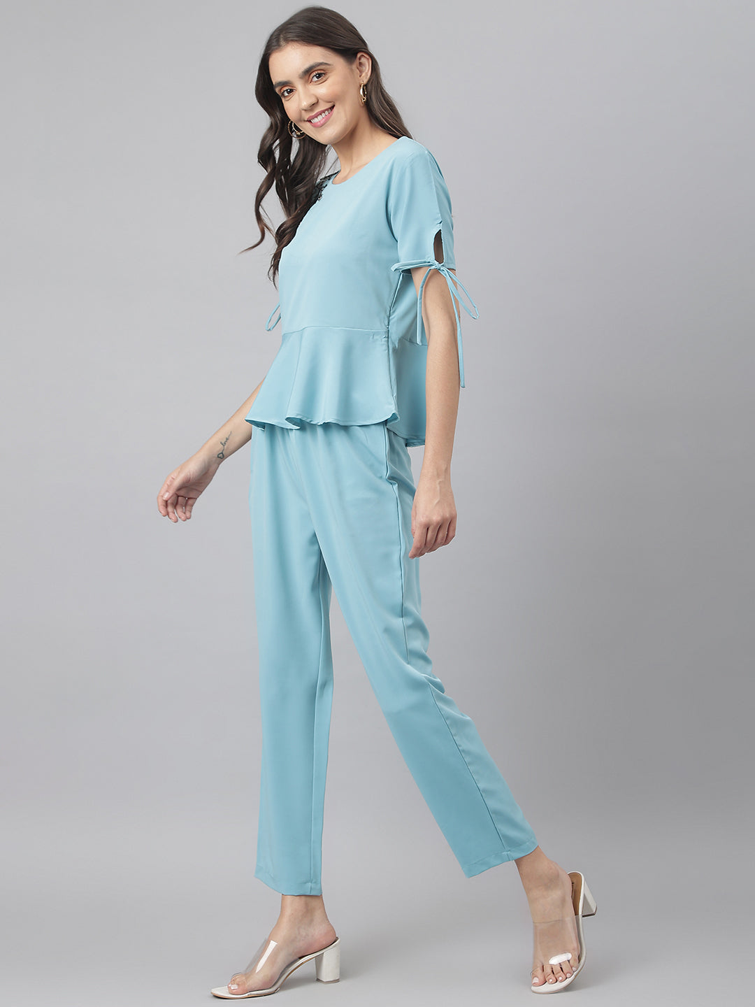 Aqua Round Neck Embroidered Peplum Co-ordinate Set