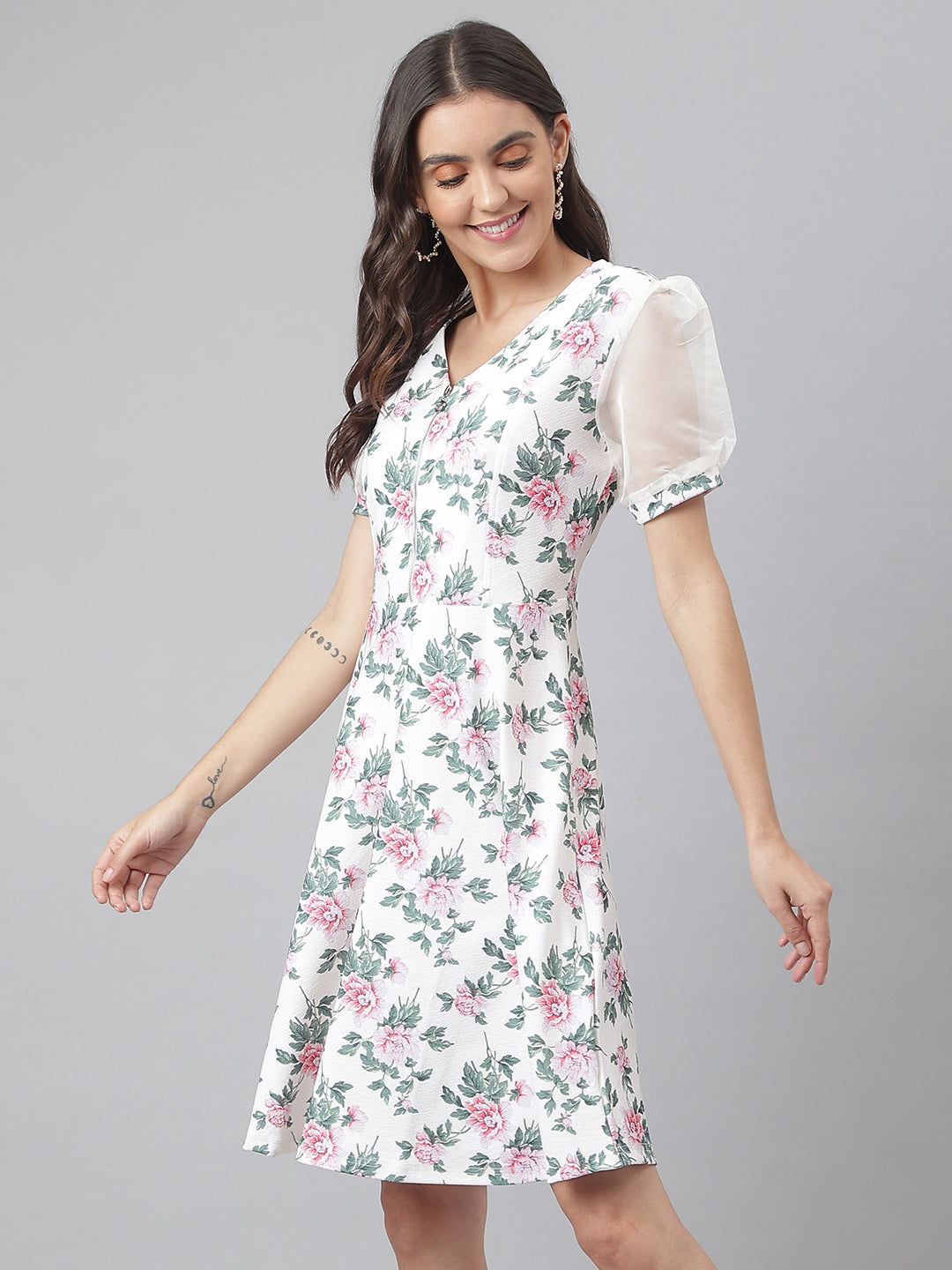 Off White Poly Blend Lycra Fabric Floral Printed Dress With Organza Sleeves