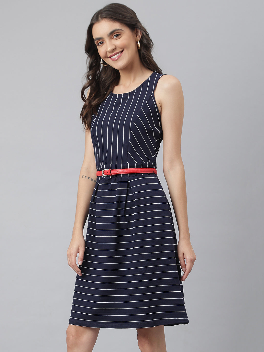 Navy - Round Neck Knitted Cotton Dress