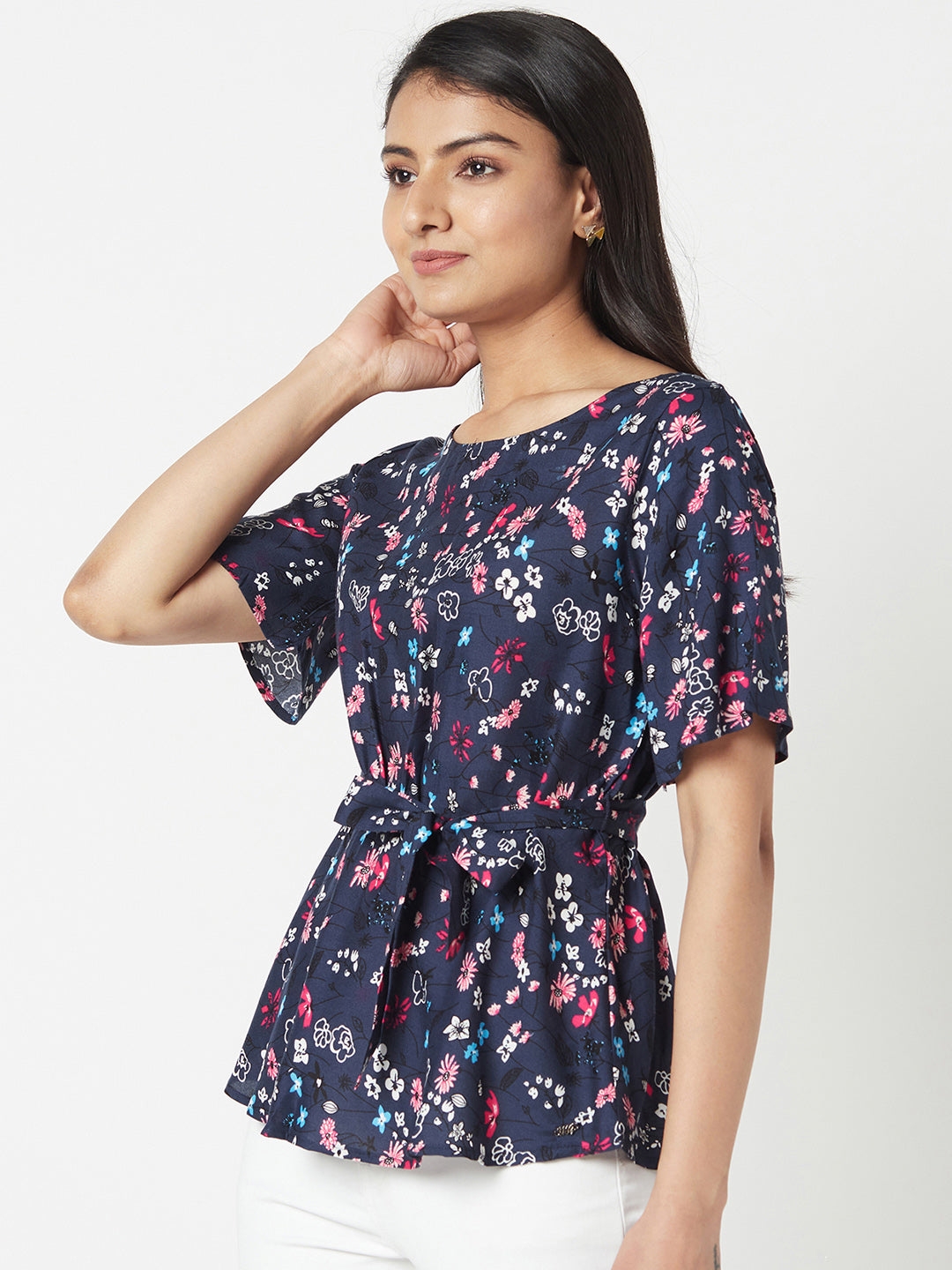 Navy Blue Round Neck Woven Cotton Rayon Top With Belt