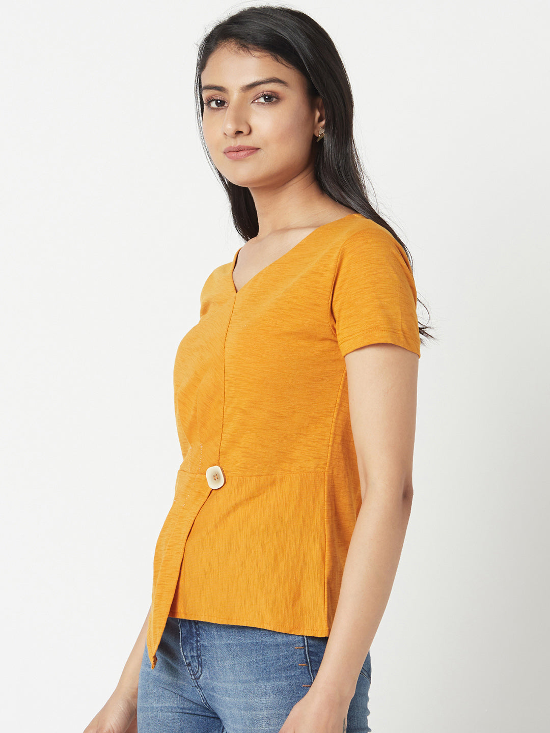 Mustard V Neck Cotton Top With Extended Side