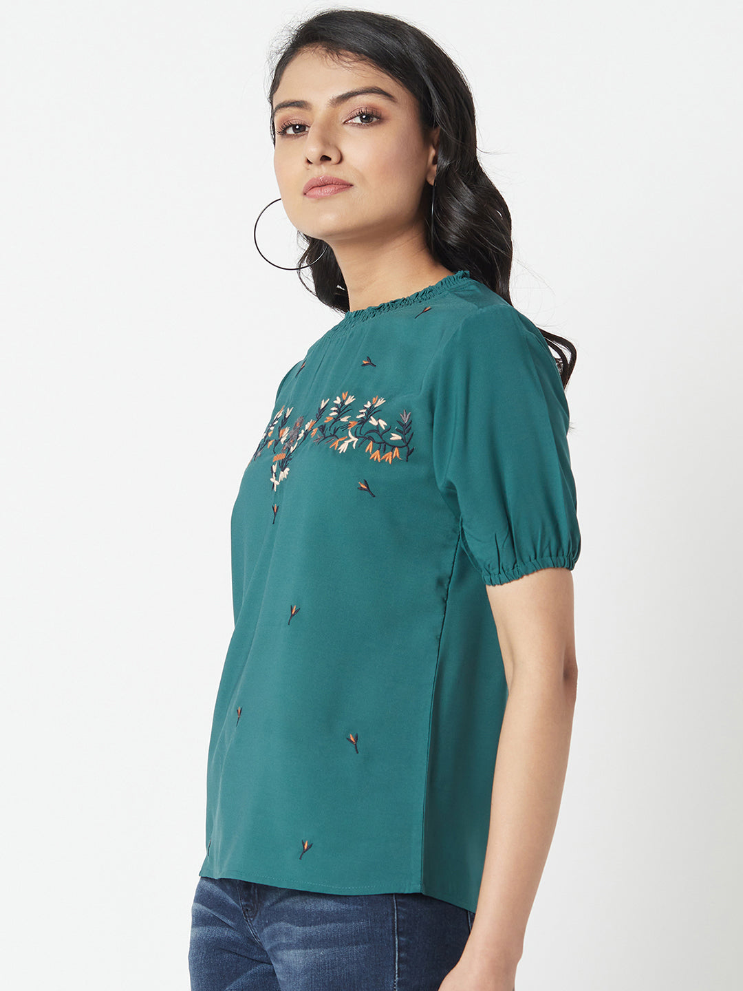 Green Round Neck Embroidered Top