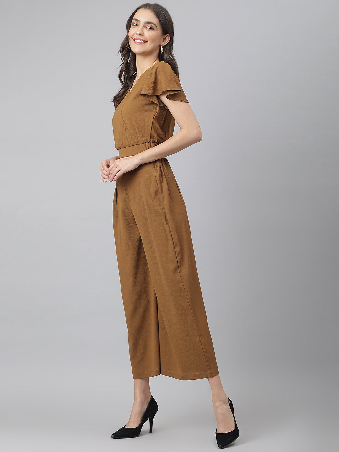 Brown V Neck Co-ordinate Set With Looser Bottom