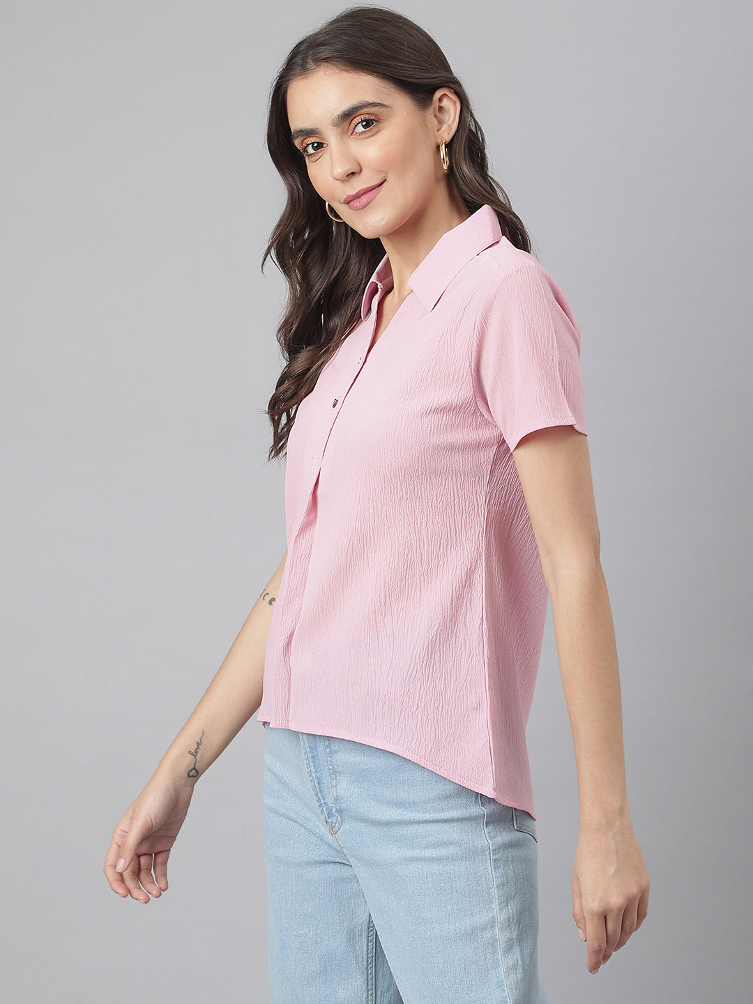 Pink V Neck Two Button Collared Top