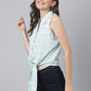 Sky Blue Leaf Printed Buttoned Shirt With Knot In Front